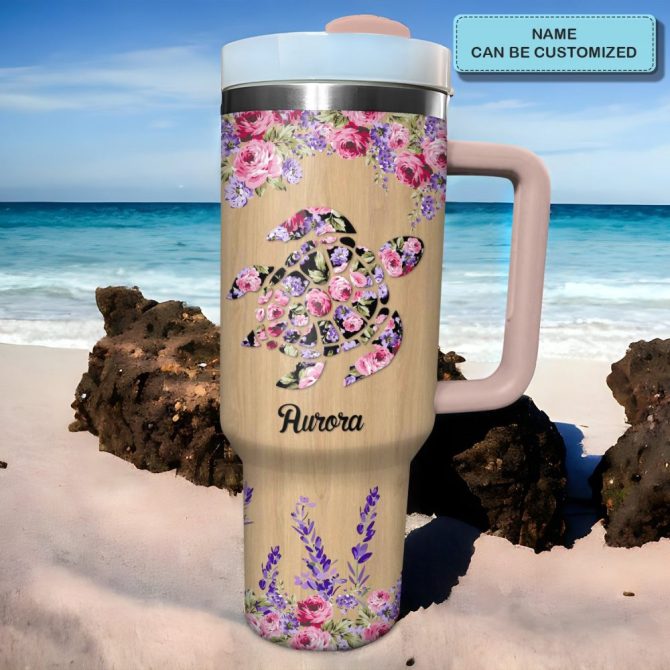 Floral Sea Turtle Custom Stanley Quencher 40Oz Stainless Steel Tumbler With Handle - Image 2