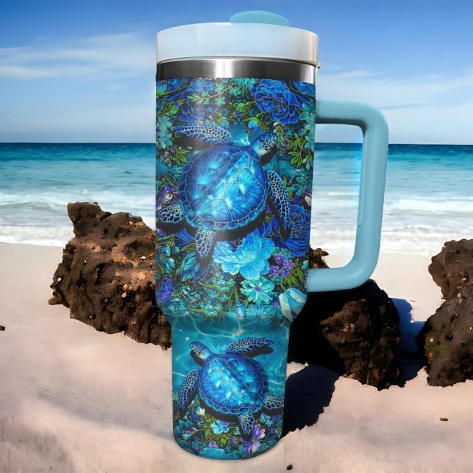 Floral Sea Turtle Custom Stanley Quencher 40Oz Stainless Steel Tumbler With Handle - Image 2