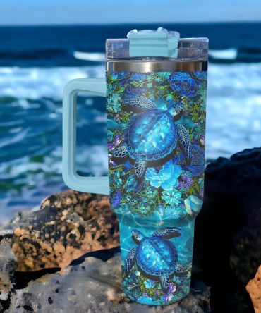 Floral Sea Turtle Custom Stanley Quencher 40Oz Stainless Steel Tumbler With Handle