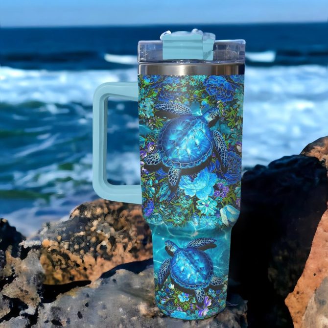 Floral Sea Turtle Custom Stanley Quencher 40Oz Stainless Steel Tumbler With Handle