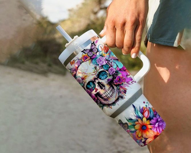 Floral Skull Custom Stanley Quencher 40Oz Stainless Steel Tumbler - Image 5