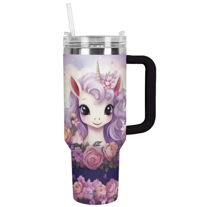 Floral Unicorn Custom Stanley Quencher 40Oz Stainless Steel Tumbler With Handle - Image 2
