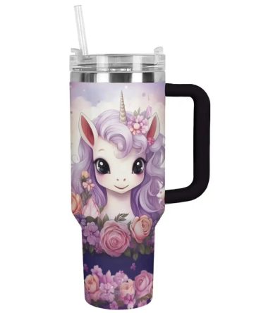 Floral Unicorn Custom Stanley Quencher 40Oz Stainless Steel Tumbler With Handle