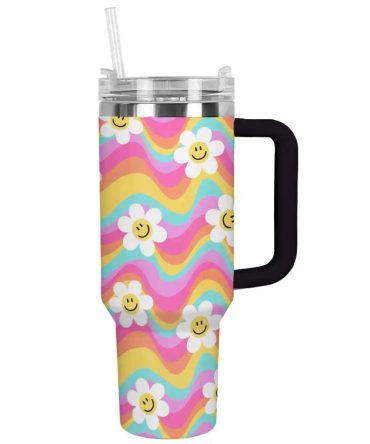 Flower Custom Stanley Quencher 40Oz Stainless Steel Tumbler With Handle