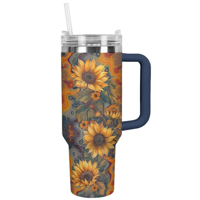 Flower Custom Stanley Quencher 40Oz Stainless Steel Tumbler With Handle