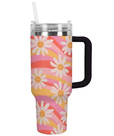 Flower Custom Stanley Quencher 40Oz Stainless Steel Tumbler With Handle