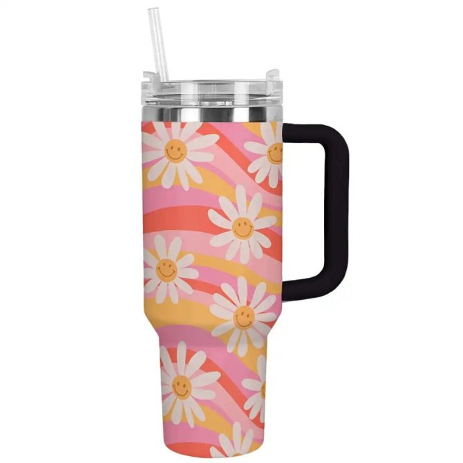 Flower Custom Stanley Quencher 40Oz Stainless Steel Tumbler With Handle