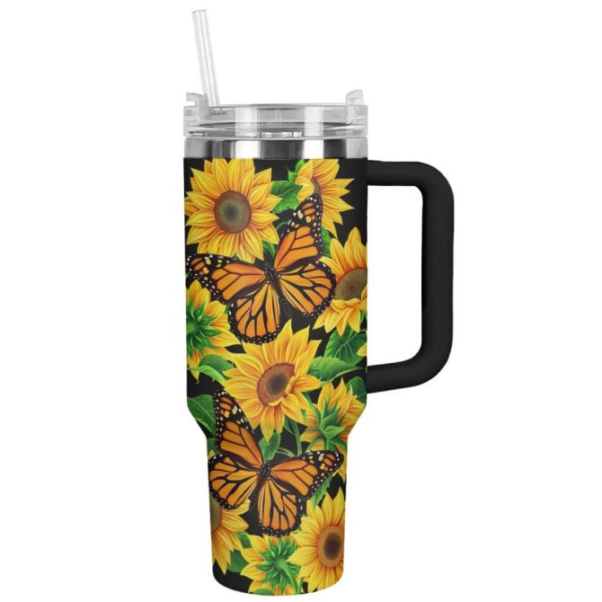 Flower Custom Stanley Quencher 40Oz Stainless Steel Tumbler With Handle