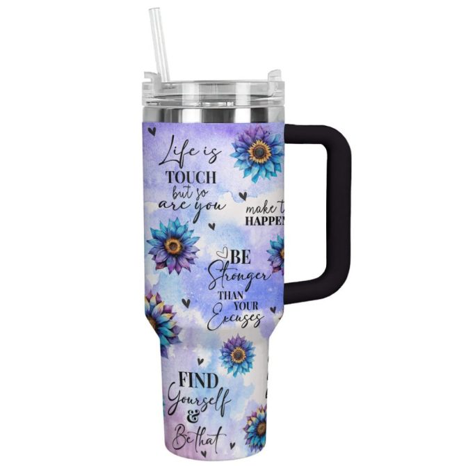 Flower Custom Stanley Quencher 40Oz Stainless Steel Tumbler With Handle
