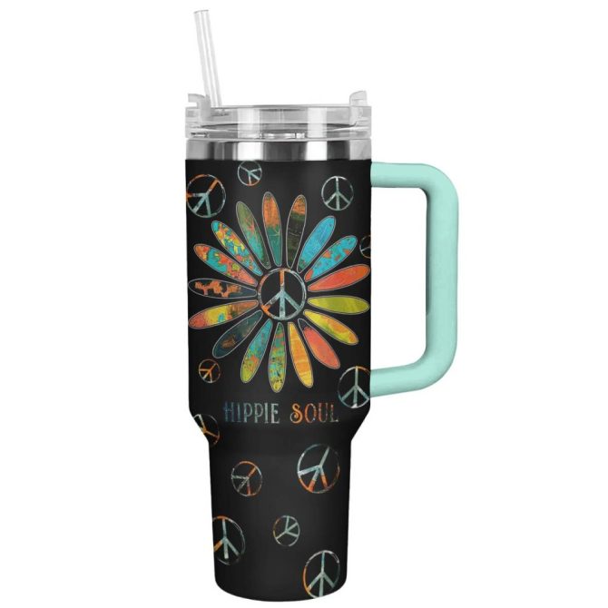 Flower Custom Stanley Quencher 40Oz Stainless Steel Tumbler With Handle