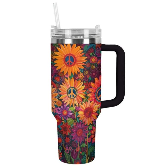 Flower Custom Stanley Quencher 40Oz Stainless Steel Tumbler With Handle