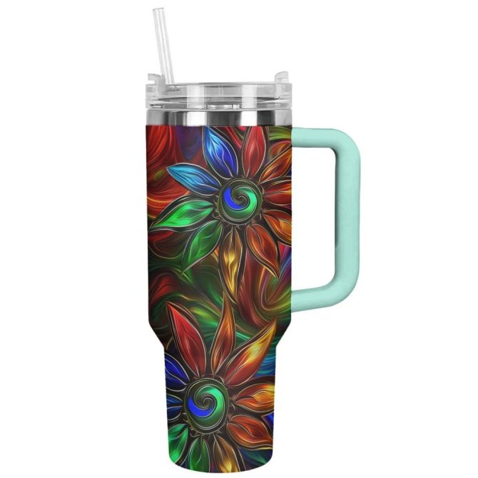 Flower Custom Stanley Quencher 40Oz Stainless Steel Tumbler With Handle