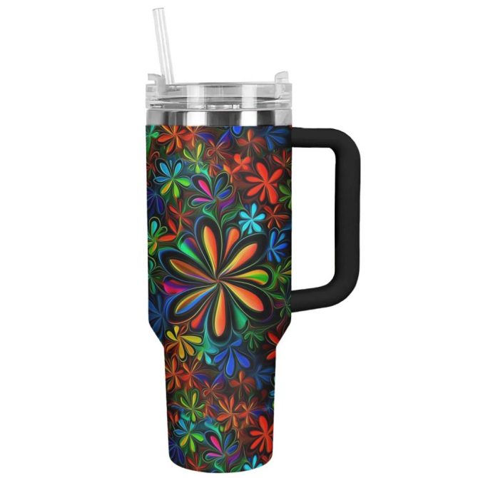 Flower Custom Stanley Quencher 40Oz Stainless Steel Tumbler With Handle