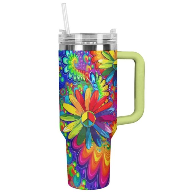Flower Custom Stanley Quencher 40Oz Stainless Steel Tumbler With Handle