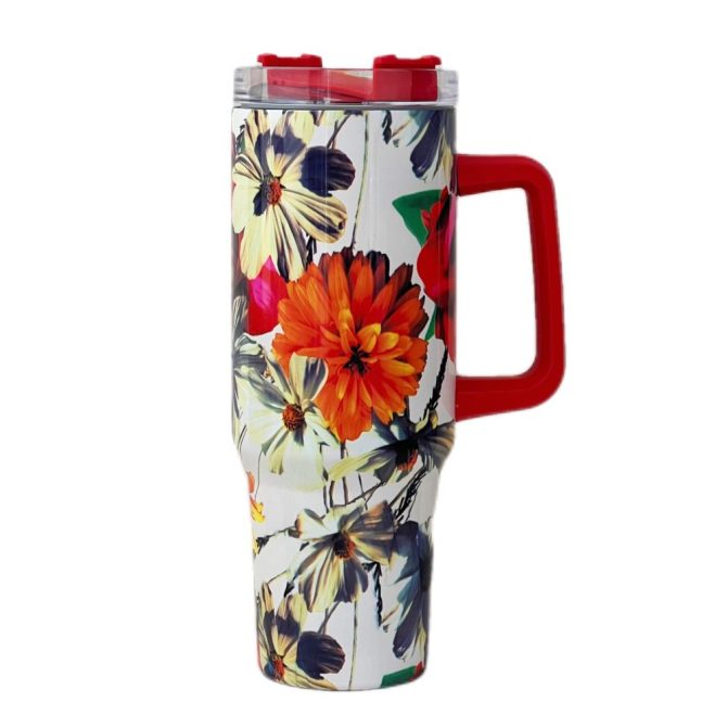Flower Custom Stanley Quencher 40Oz Stainless Steel Tumbler With Handle
