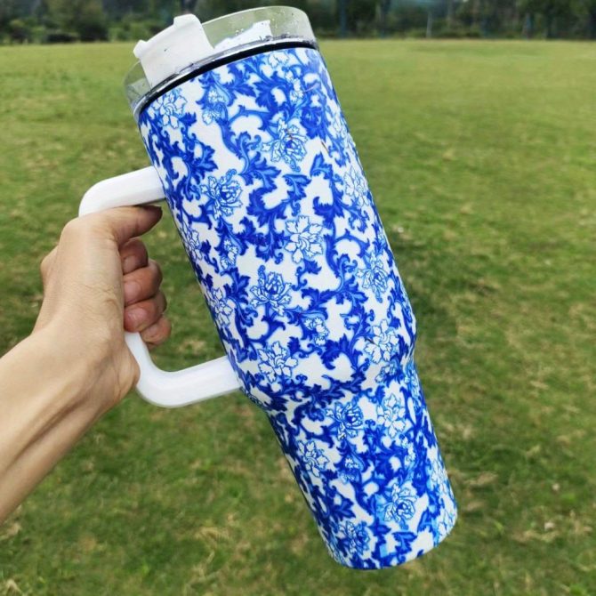 Flower Marble Custom Stanley Quencher 40Oz Stainless Steel Tumbler With Handle