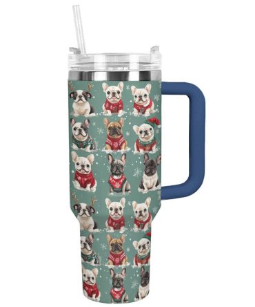 French Bulldogs In Xmas Sweaters Christmas Custom Stanley Quencher 40Oz Stainless Steel Tumbler With Handle