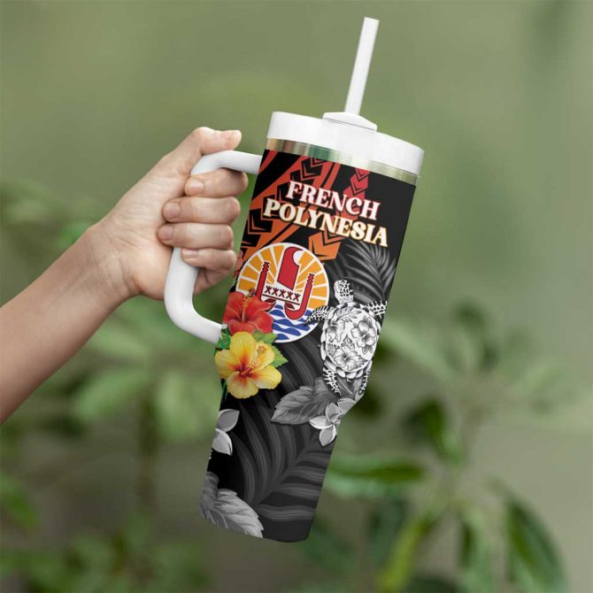 French Polynesia Bastille Day Tropical Turtle Hibiscus Polynesian Custom Stanley Quencher 40Oz Stainless Steel Tumbler With Handle - Image 3