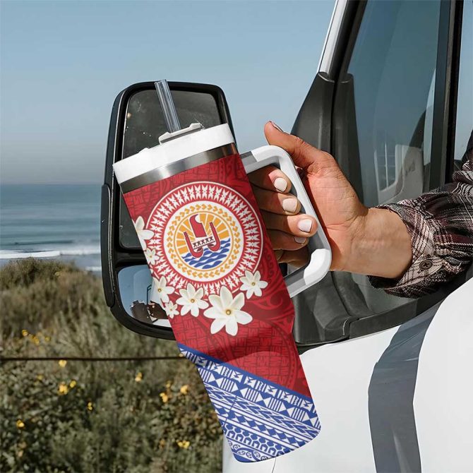 French Polynesia Tahitian Tiare Flowers Tribal Custom Stanley Quencher 40Oz Stainless Steel Tumbler With Handle - Image 7