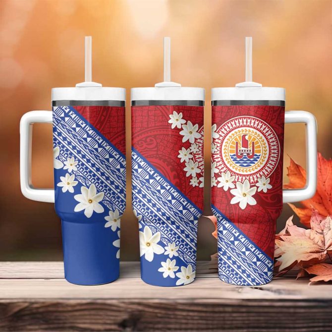 French Polynesia Tahitian Tiare Flowers Tribal Custom Stanley Quencher 40Oz Stainless Steel Tumbler With Handle - Image 4