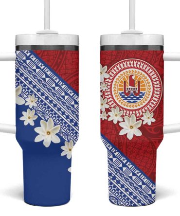 French Polynesia Tahitian Tiare Flowers Tribal Custom Stanley Quencher 40Oz Stainless Steel Tumbler With Handle