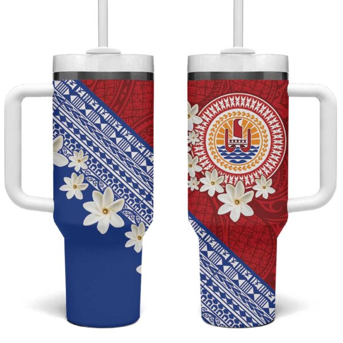French Polynesia Tahitian Tiare Flowers Tribal Custom Stanley Quencher 40Oz Stainless Steel Tumbler With Handle