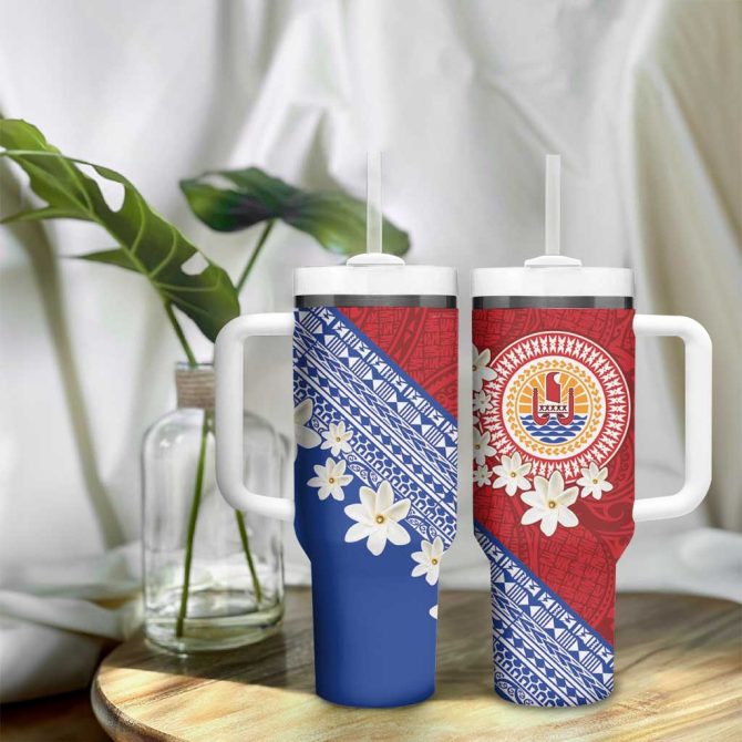 French Polynesia Tahitian Tiare Flowers Tribal Custom Stanley Quencher 40Oz Stainless Steel Tumbler With Handle - Image 9