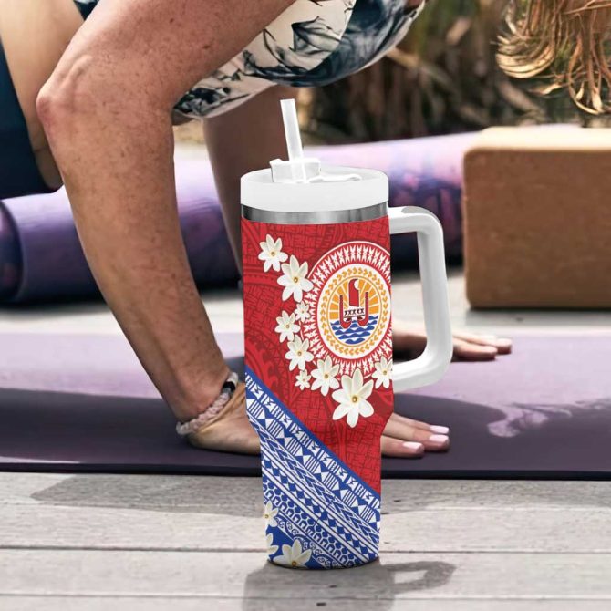 French Polynesia Tahitian Tiare Flowers Tribal Custom Stanley Quencher 40Oz Stainless Steel Tumbler With Handle - Image 6
