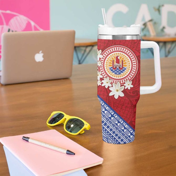 French Polynesia Tahitian Tiare Flowers Tribal Custom Stanley Quencher 40Oz Stainless Steel Tumbler With Handle - Image 5