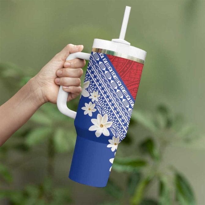 French Polynesia Tahitian Tiare Flowers Tribal Custom Stanley Quencher 40Oz Stainless Steel Tumbler With Handle - Image 3