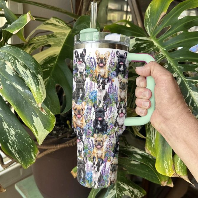 Frenchie Bulldog Flower Friends Custom Stanley Quencher 40Oz Stainless Steel Tumbler With Handle - Image 4