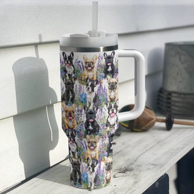 Frenchie Bulldog Flower Friends Custom Stanley Quencher 40Oz Stainless Steel Tumbler With Handle - Image 2