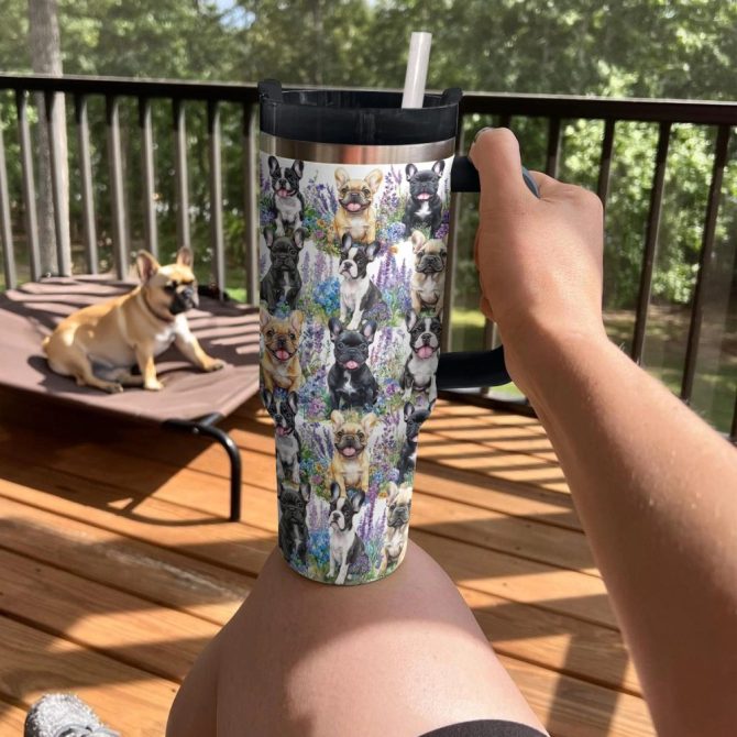 Frenchie Bulldog Flower Friends Custom Stanley Quencher 40Oz Stainless Steel Tumbler With Handle - Image 3