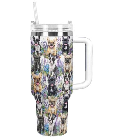 Frenchie Bulldog Flower Friends Custom Stanley Quencher 40Oz Stainless Steel Tumbler With Handle