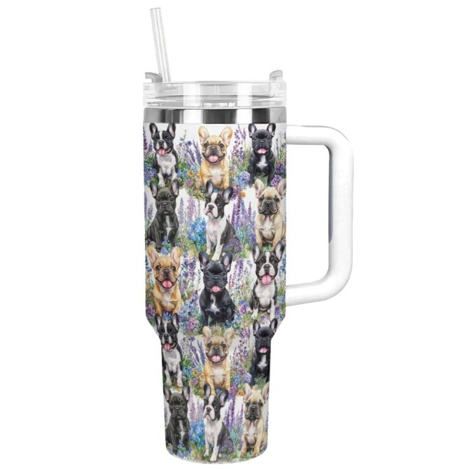 Frenchie Bulldog Flower Friends Custom Stanley Quencher 40Oz Stainless Steel Tumbler With Handle