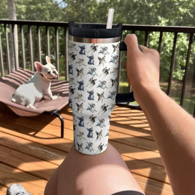 Frenchie Bulldog Frenzy Custom Stanley Quencher 40Oz Stainless Steel Tumbler With Handle - Image 4