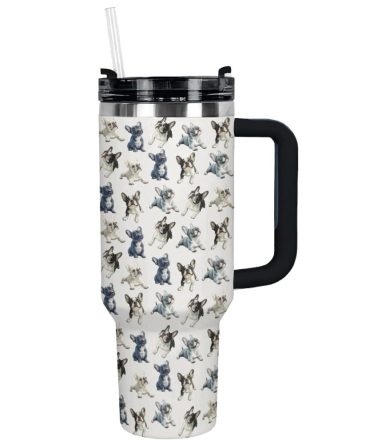 Frenchie Bulldog Frenzy Custom Stanley Quencher 40Oz Stainless Steel Tumbler With Handle