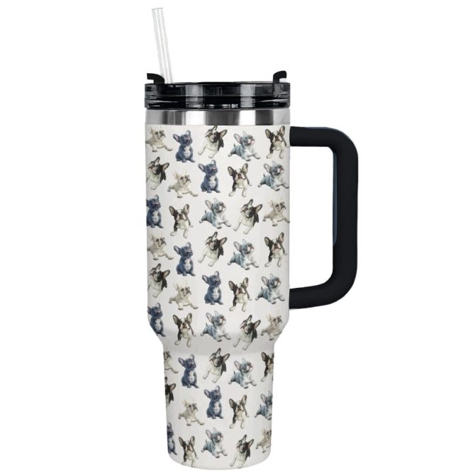 Frenchie Bulldog Frenzy Custom Stanley Quencher 40Oz Stainless Steel Tumbler With Handle