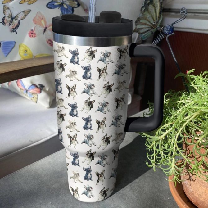 Frenchie Bulldog Frenzy Custom Stanley Quencher 40Oz Stainless Steel Tumbler With Handle - Image 2