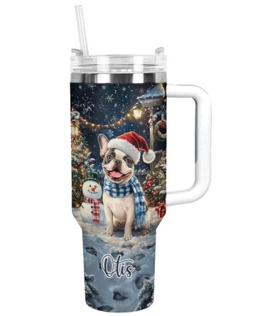 Frenchie Bulldog Winter Wonderland Christmas Custom Stanley Quencher 40Oz Stainless Steel Tumbler With Handle