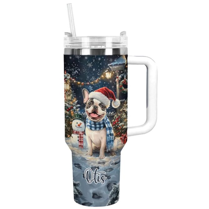Frenchie Bulldog Winter Wonderland Christmas Custom Stanley Quencher 40Oz Stainless Steel Tumbler With Handle
