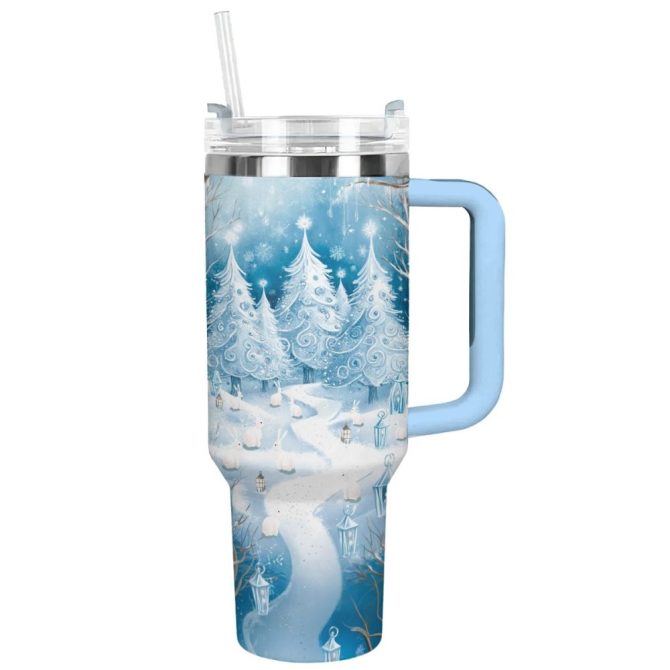 Frosted Snowland Christmas Custom Stanley Quencher 40Oz Stainless Steel Tumbler With Handle