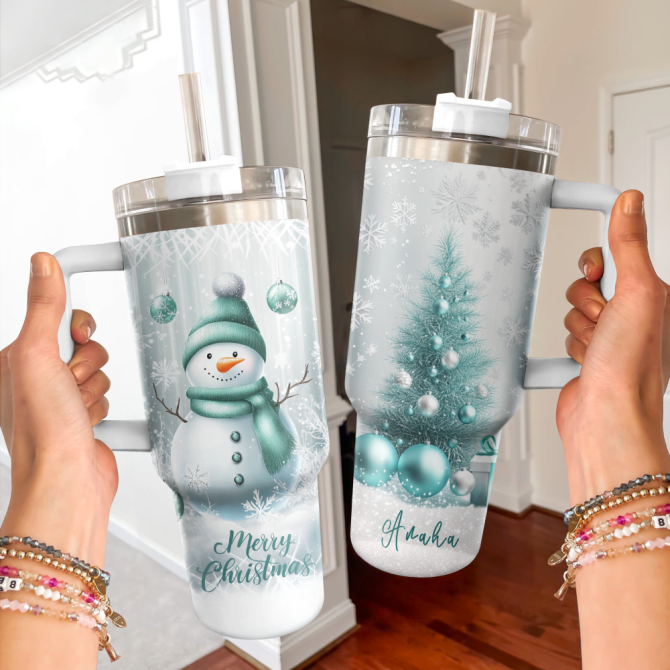 Frosty Mint Snowman Christmas Custom Stanley Quencher 40Oz Stainless Steel Tumbler With Handle - Image 2