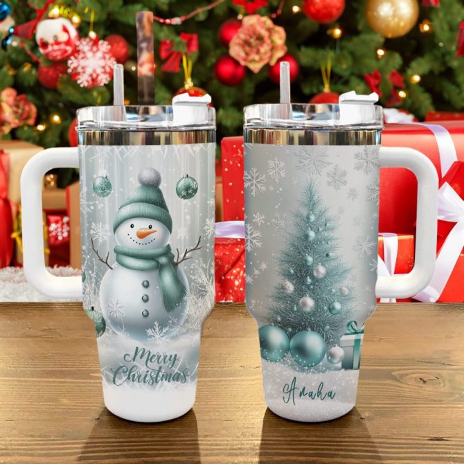 Frosty Mint Snowman Christmas Custom Stanley Quencher 40Oz Stainless Steel Tumbler With Handle - Image 3