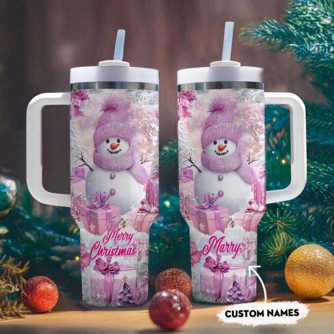 Frosty Pink Snowman Christmas Custom Stanley Quencher 40Oz Stainless Steel Tumbler With Handle - Image 2