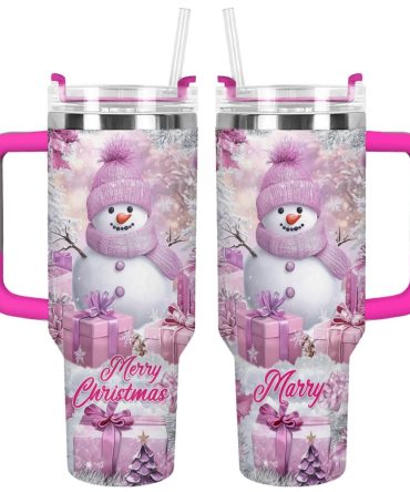 Frosty Pink Snowman Christmas Custom Stanley Quencher 40Oz Stainless Steel Tumbler With Handle