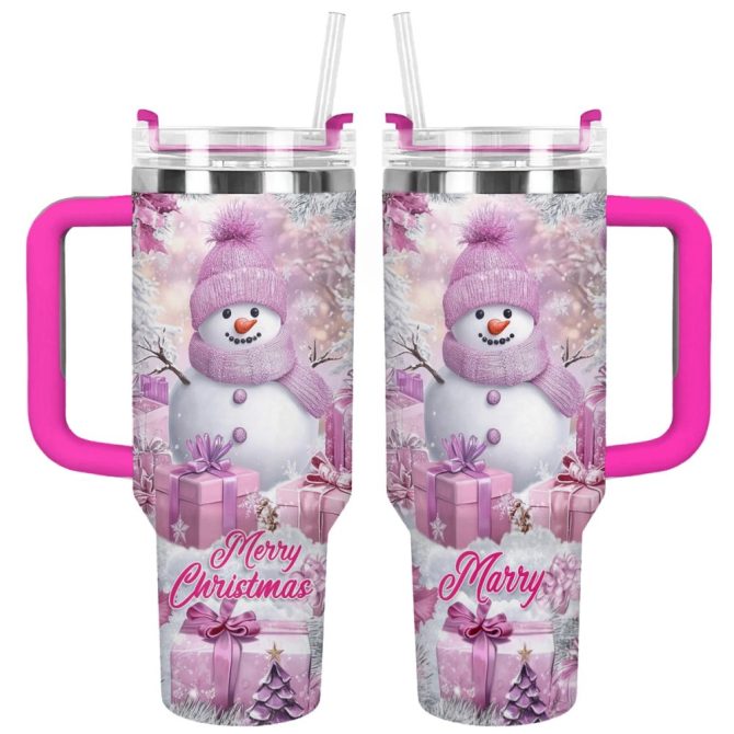 Frosty Pink Snowman Christmas Custom Stanley Quencher 40Oz Stainless Steel Tumbler With Handle