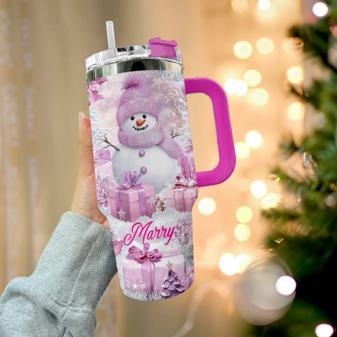 Frosty Pink Snowman Christmas Custom Stanley Quencher 40Oz Stainless Steel Tumbler With Handle - Image 3