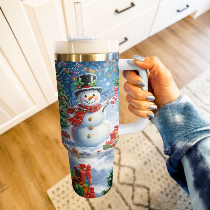 Frosty Snowman Christmas Custom Stanley Quencher 40Oz Stainless Steel Tumbler With Handle - Image 3