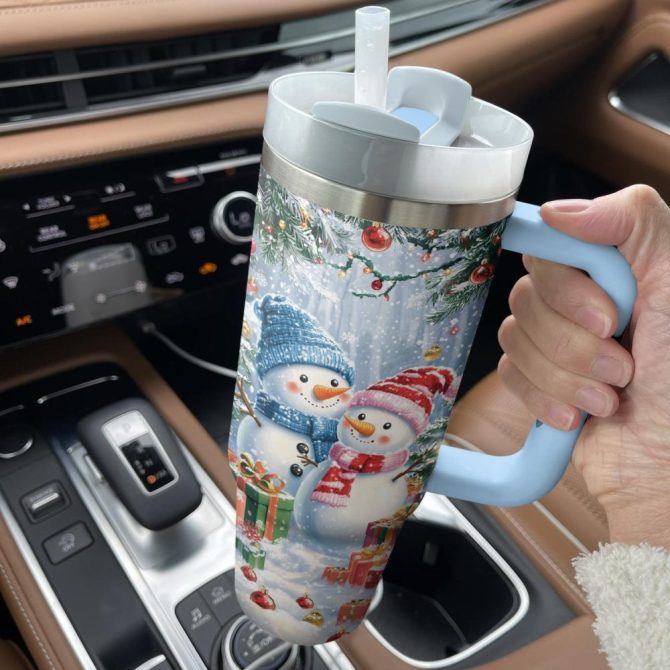 Frosty Snowman Couple Christmas Custom Stanley Quencher 40Oz Stainless Steel Tumbler With Handle - Image 3